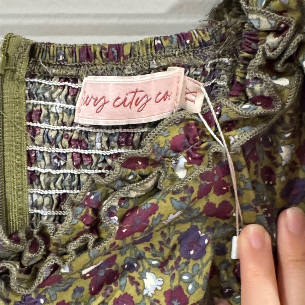NWOT Ivy City Co Olive Floral Ruched midi Dress puff sleeve cottage cottagecore - Picture 6 of 6